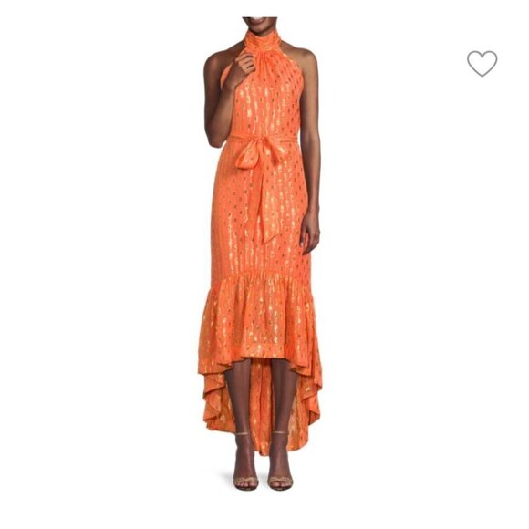 NWT RAMY BROOK Halter Kenza Orange Metallic‎ Silk Maxi Dress, Ruffle Hem XXS - Picture 2 of 12